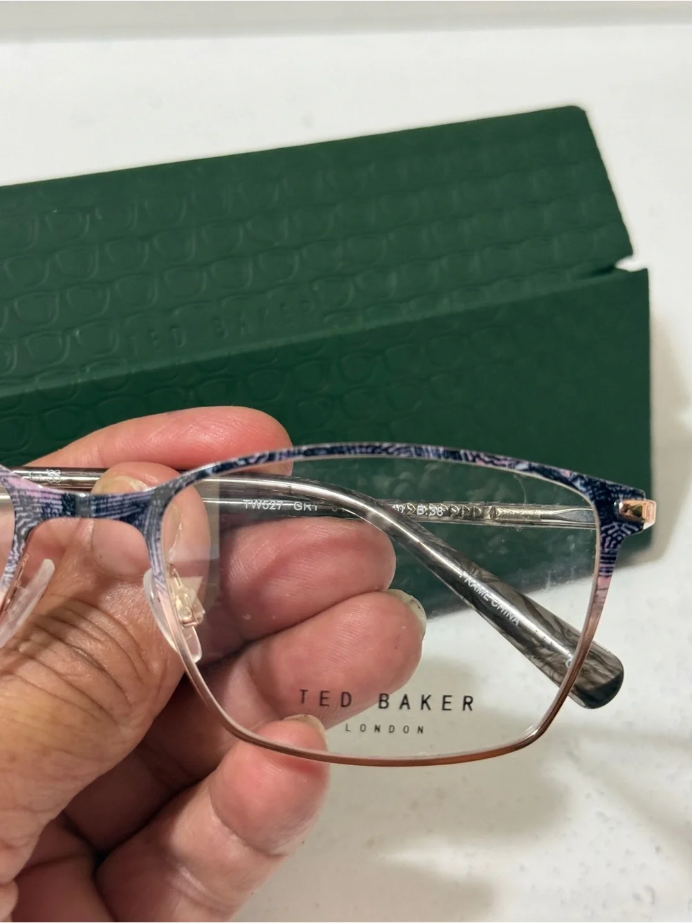 Ted Baker London purple clear lance glasses with green case